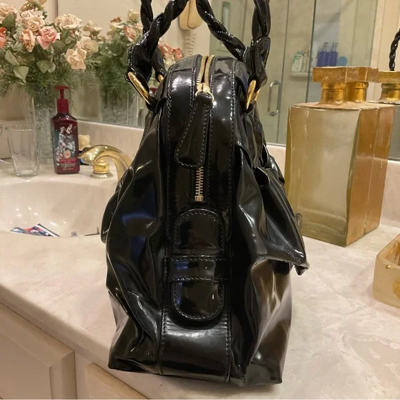 Valentino Garavani Black Patent Leather Braided Handle Shoulder Bag Tote w/ wear - Picture 9 of 16